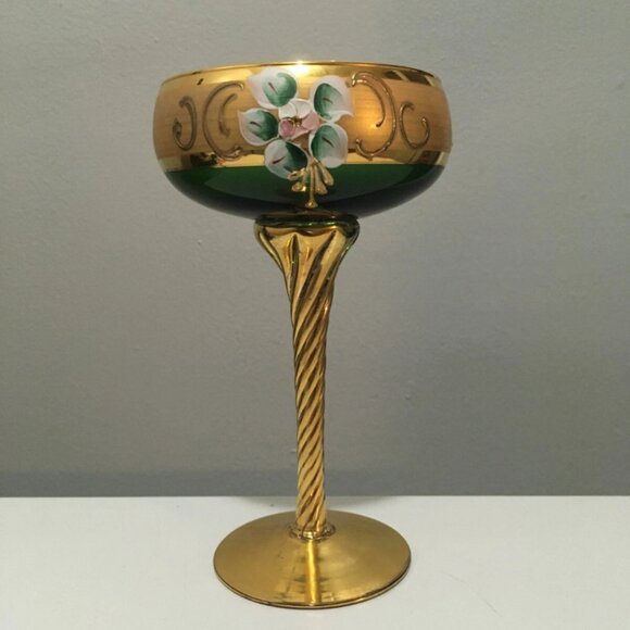 Antique Bohemian Moser Green Glass Wine Goblet Gilt Hand Painted Italy Gold - Picture 1 of 5